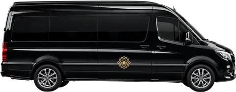Mercedes Sprinter noir avec l'emblème doré Morocco Tiziri, minibus privé jusqu'à 18 voyageurs
