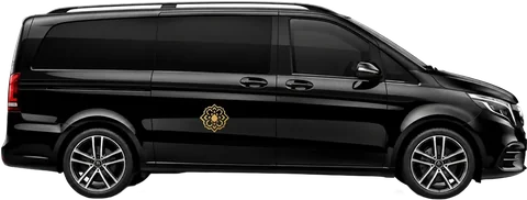 Mercedes Vito noir avec l'emblème doré Morocco Tiziri, van privé pour 5 à 7 voyageurs