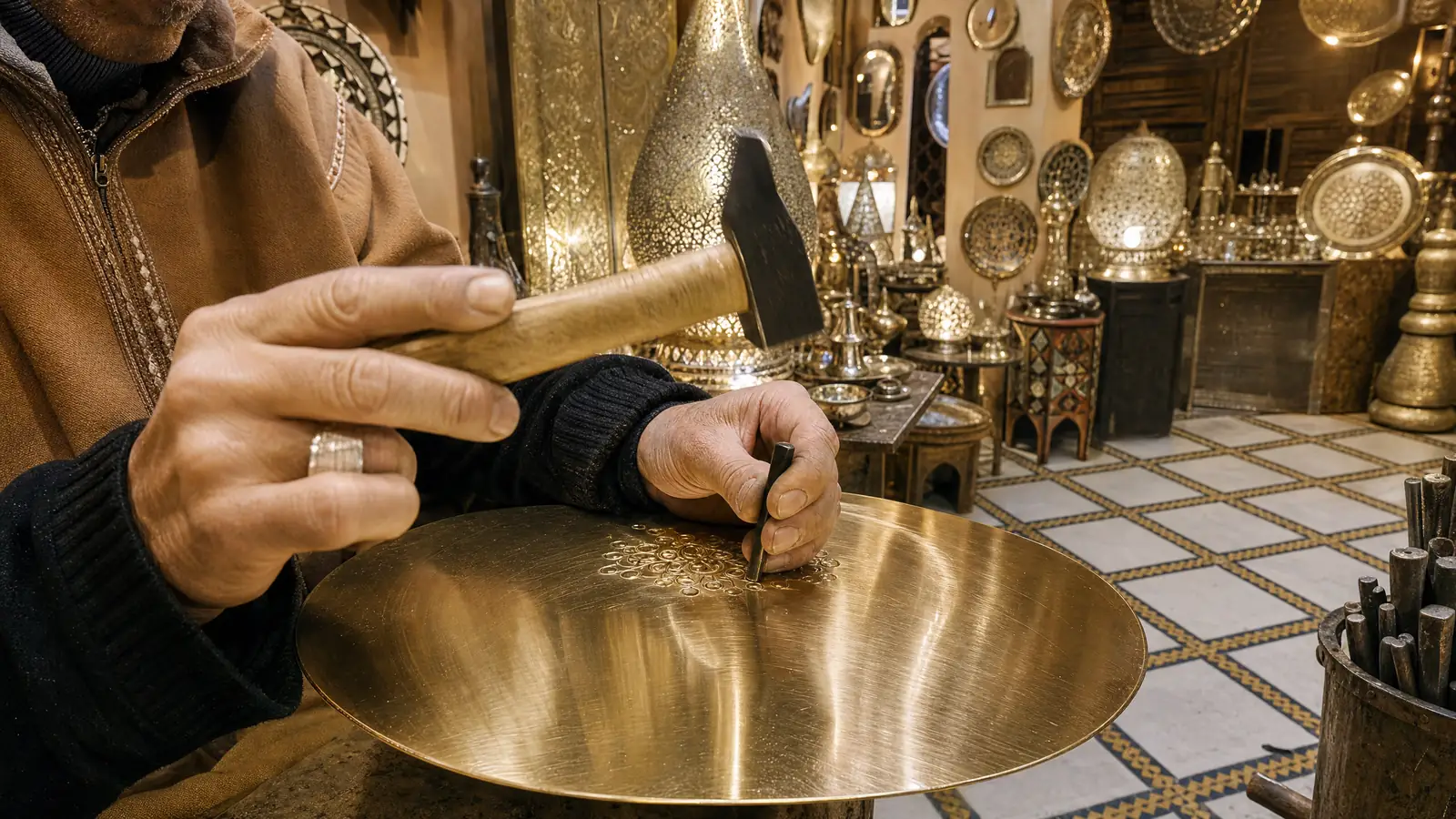 Un artisan grave à la main un plateau en laiton dans la médina de Fès