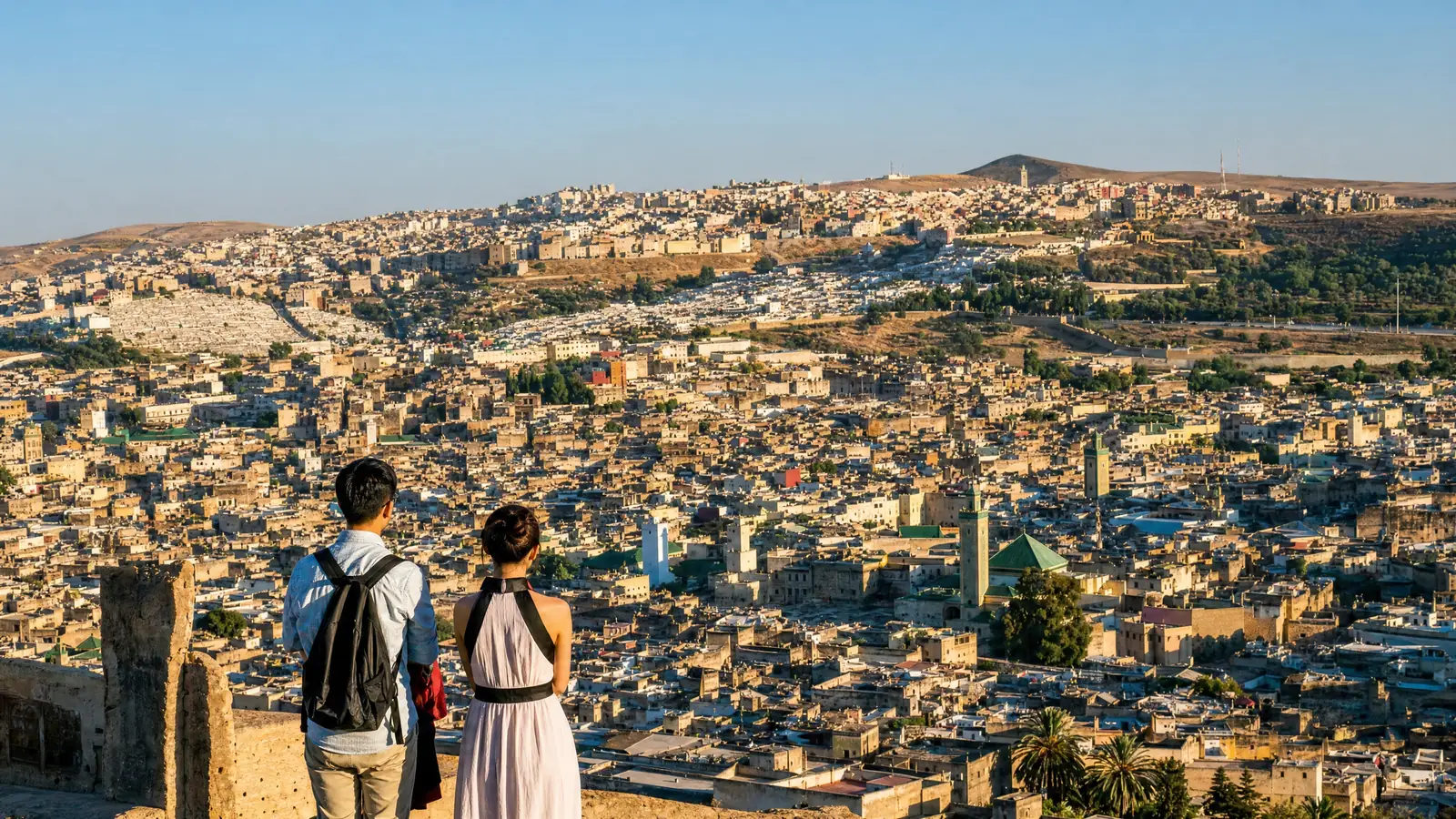 Deux voyageurs contemplent la médina de Fès depuis les collines