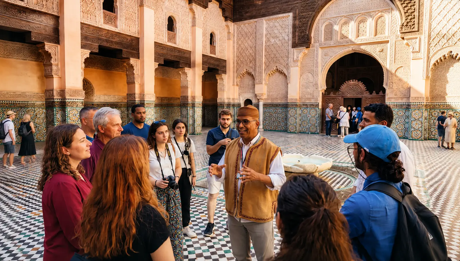Des voyageurs et leur guide dans une cour sculptée de la médina de Marrakech
