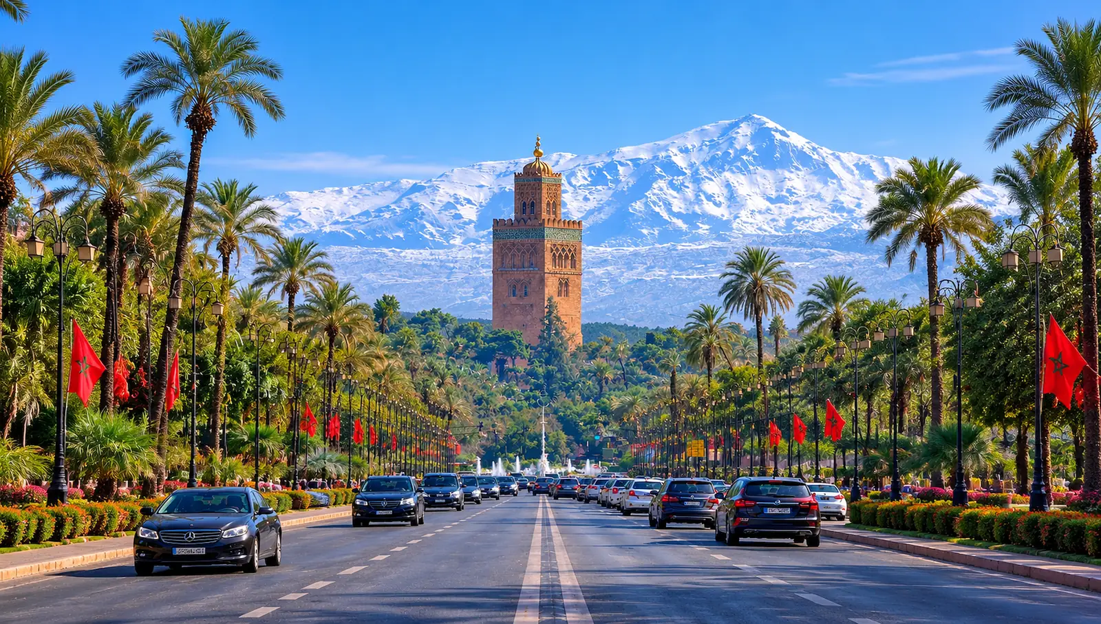 Le minaret de la Koutoubia devant le Haut Atlas enneigé, à Marrakech
