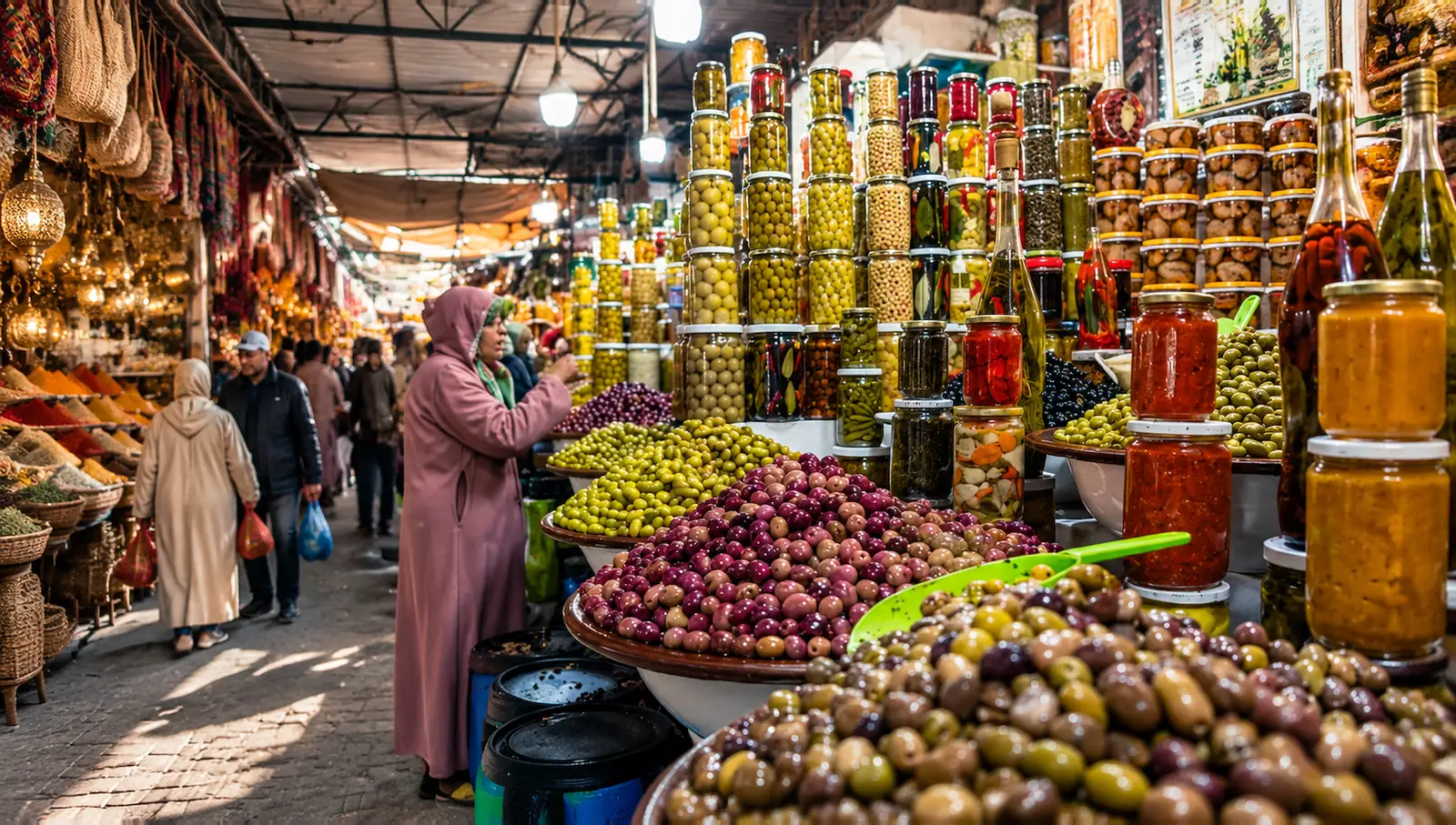 Olives et citrons confits dans un souk de la médina de Marrakech