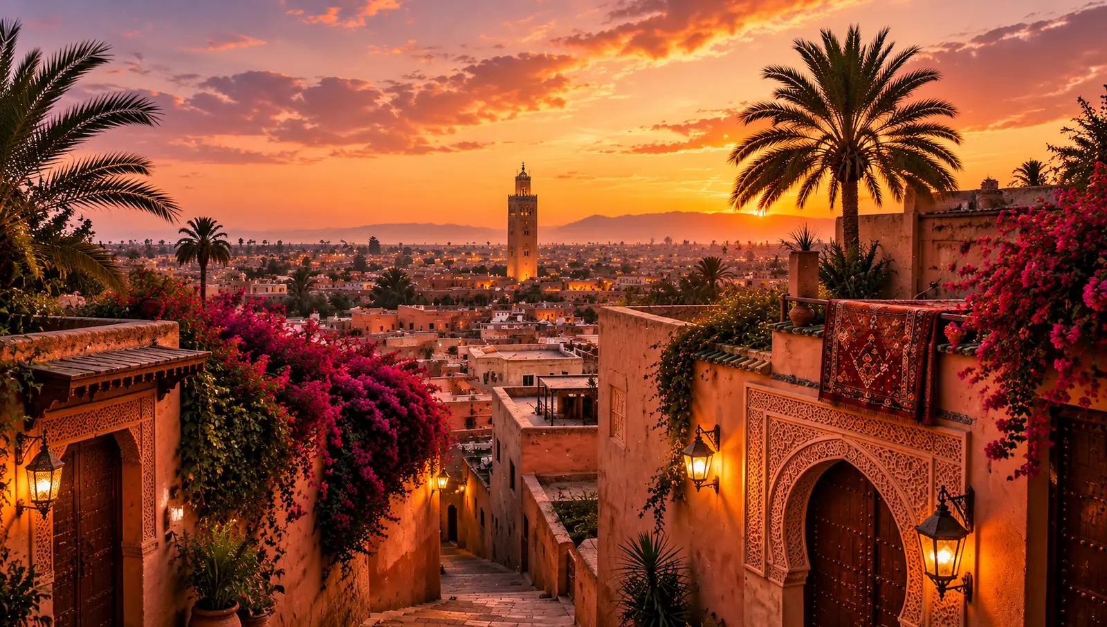 La médina de Marrakech et la Koutoubia depuis une terrasse au coucher du soleil