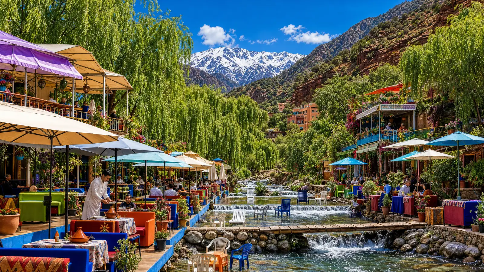 Riverside cafés in the Ourika Valley below the snowy High Atlas