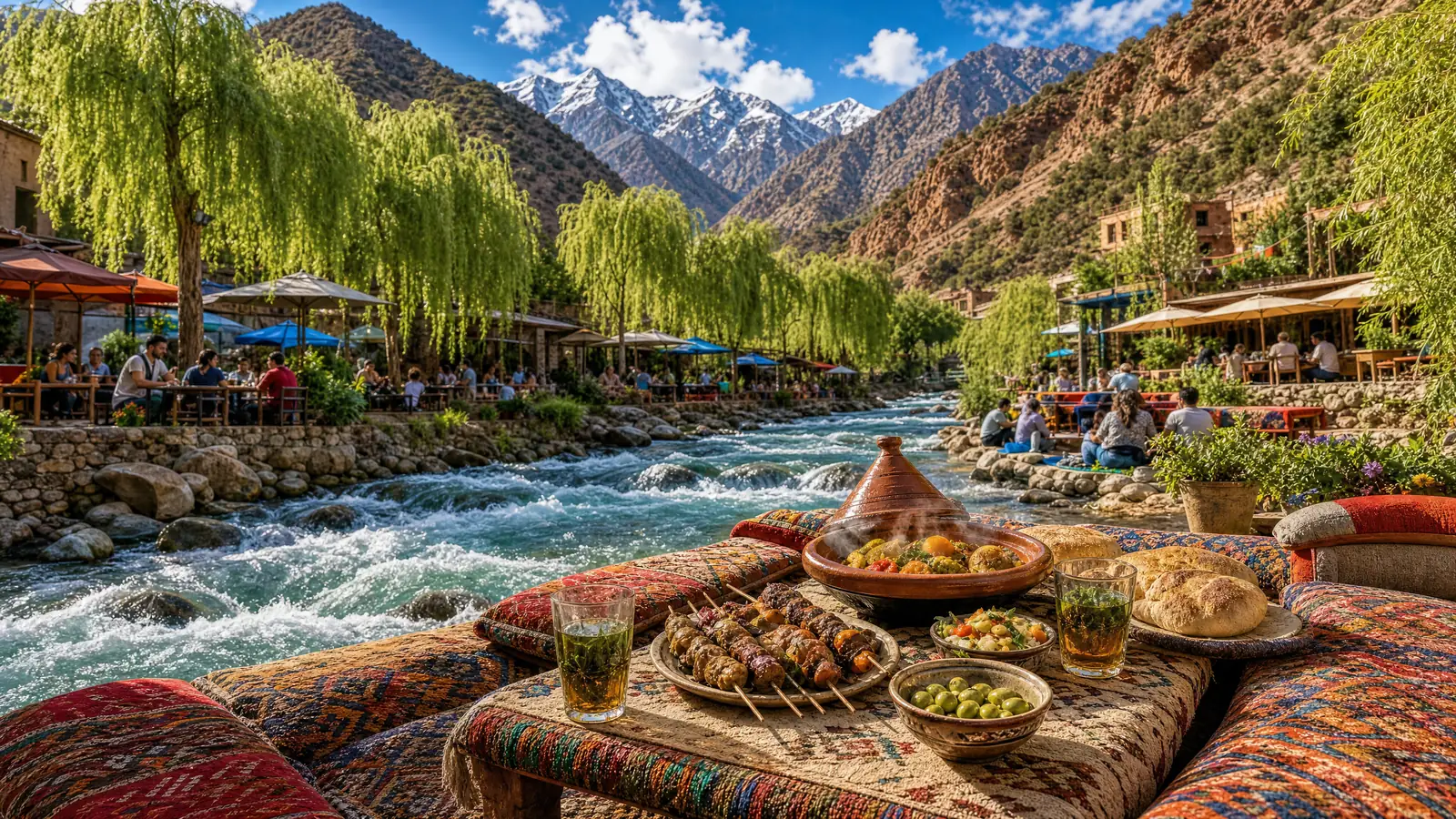 Tajines and Moroccan salads on a table beside the rushing Ourika river