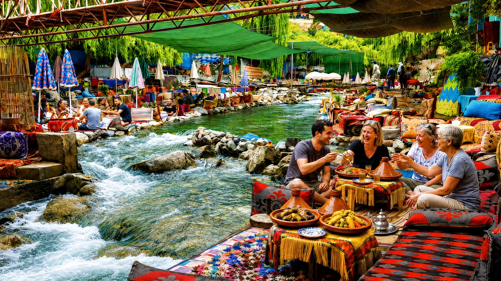 Travellers sharing lunch at a riverside restaurant in the Ourika Valley