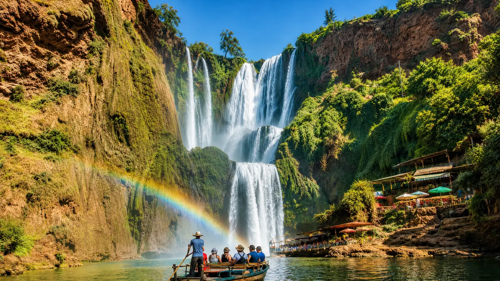 A rainbow over the Ouzoud waterfalls and a boat on the pool below
