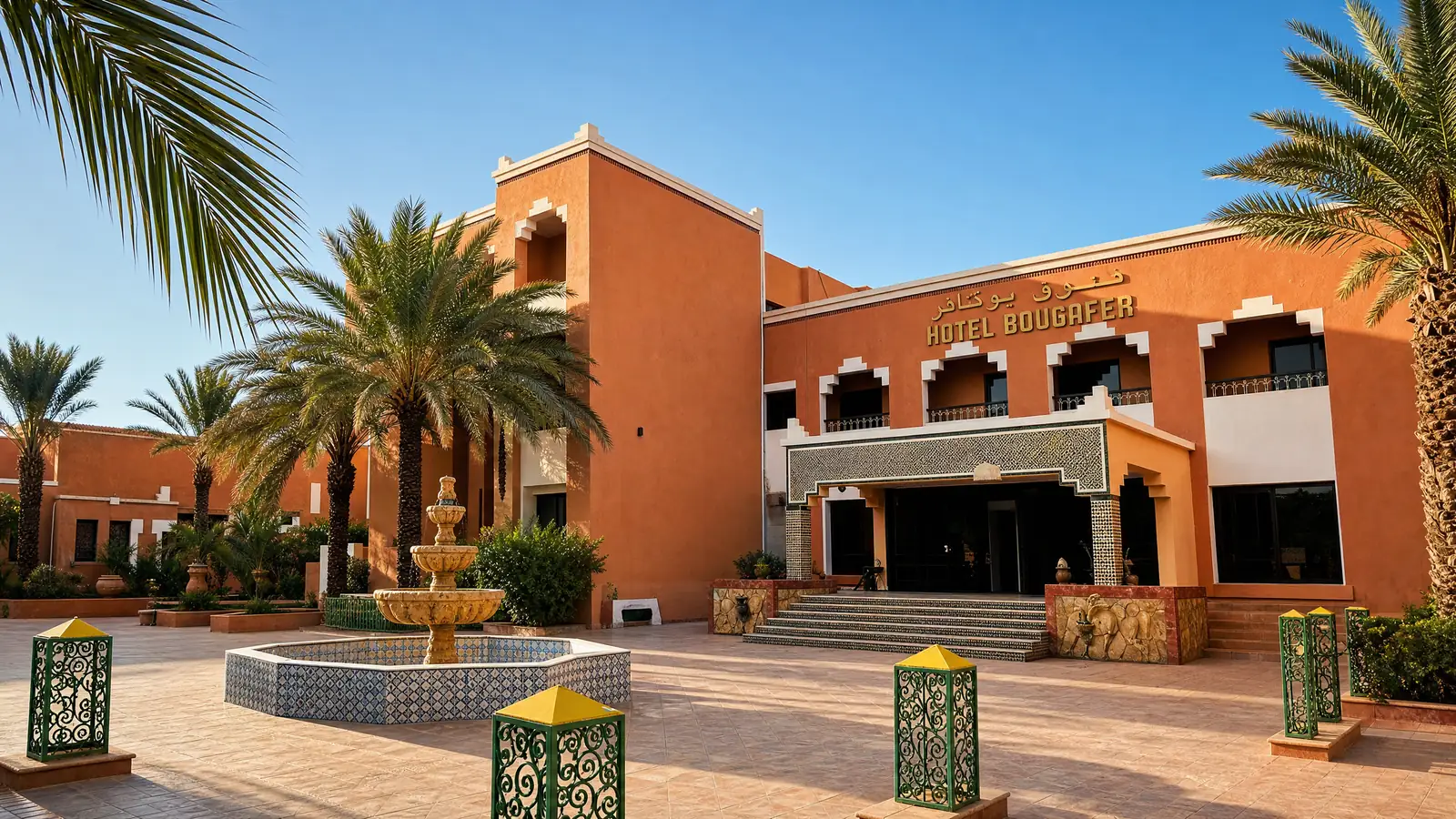 The entrance and fountain of Hôtel Restaurant Bougafer