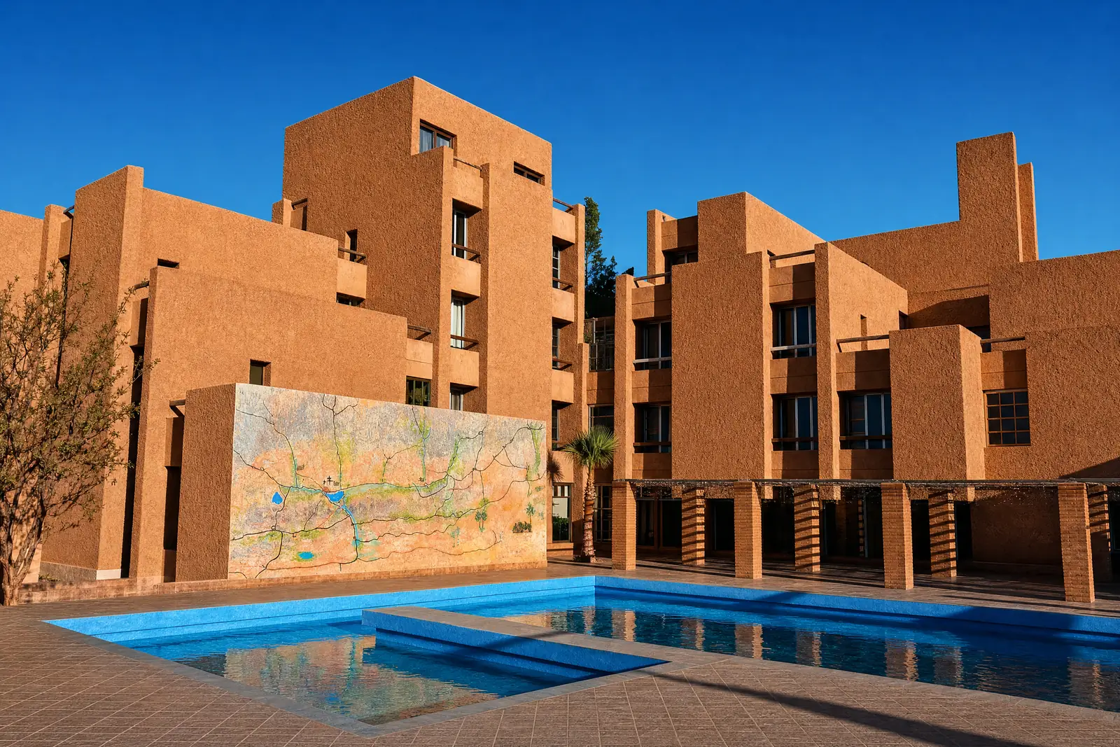 Piscine et bâtiments ocre rouge de l'Hôtel Rose Mgouna