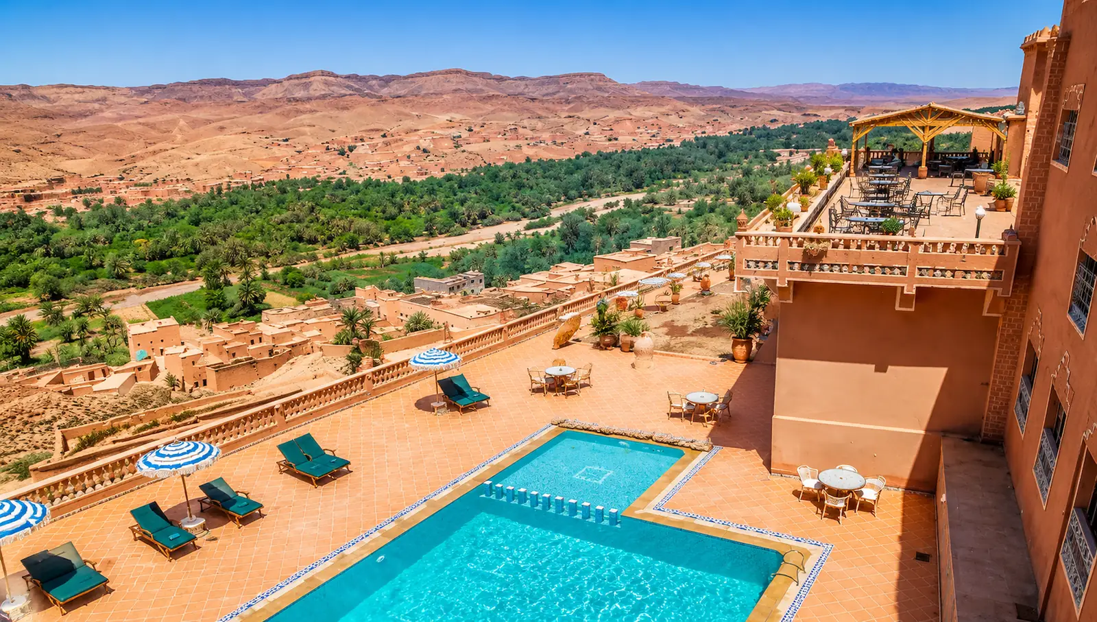The pool terrace of Kasbah Oued Dades facing the valley
