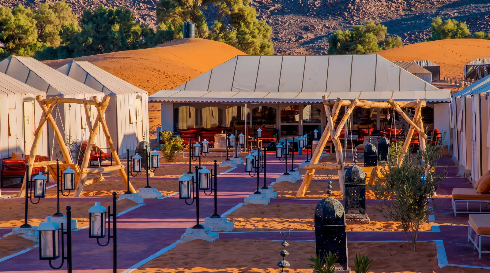 The lounge and restaurant tent of Merzouga Dunes Luxury Camps