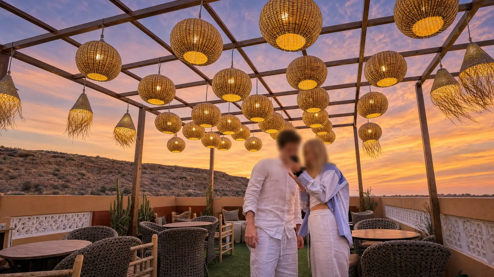 The rooftop terrace of Qamar Mgouna Hotel at sunset