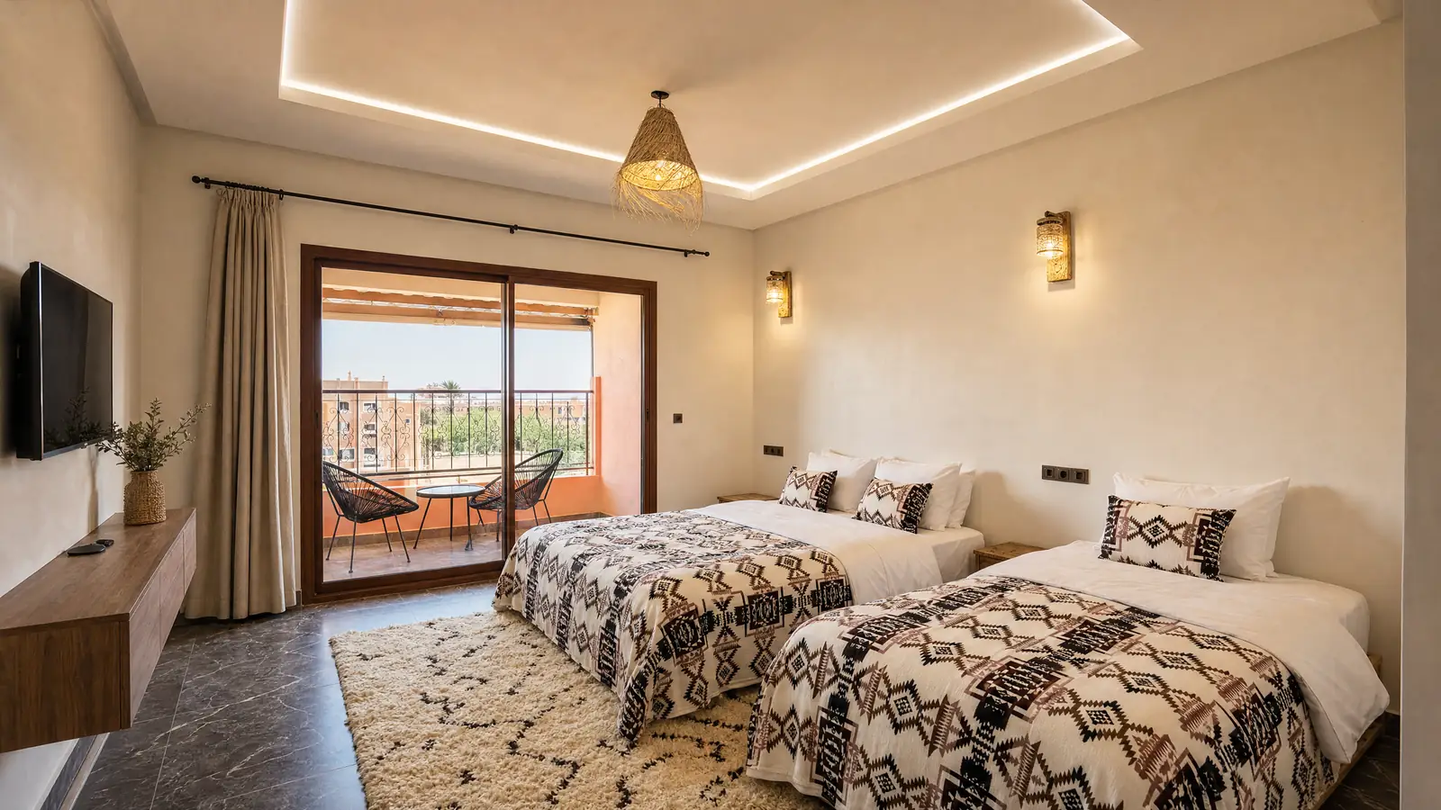 A twin bedroom at Qamar Mgouna Hotel