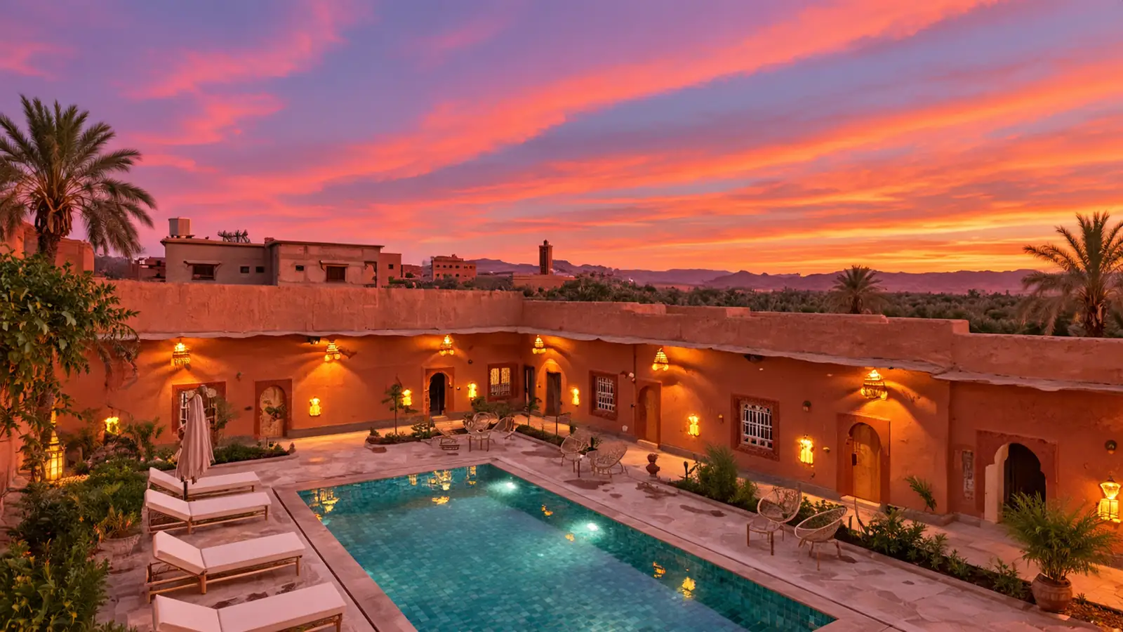 La piscine du Rose Garden Dades au coucher du soleil